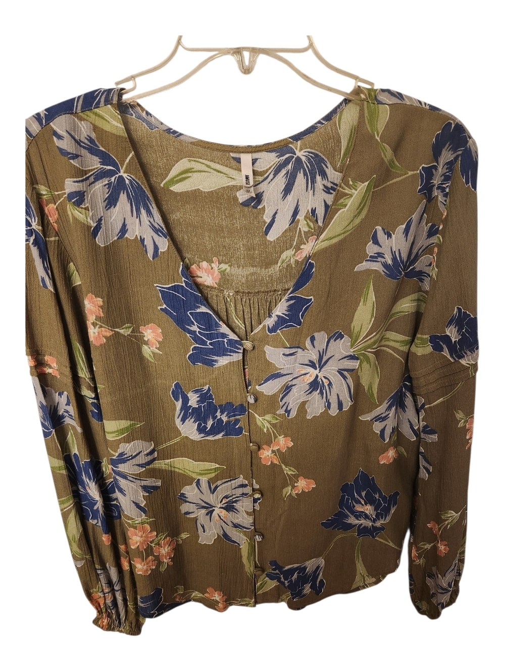 Floral Button-Front Women’s Blouse in Olive Green